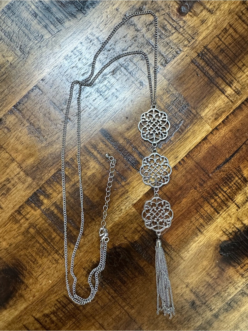 Silver Floral Medallion Tassel Necklace - Women Jewelry